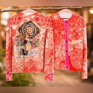 Oilily XS Graphic Cardigan Red Pink Floral Artsy Print Statement Sweater